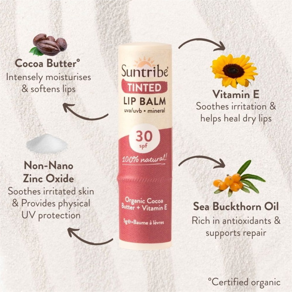 2026 Suntribe Organic Mineral Tinted Lip Balm SPF 30 STLBZT
